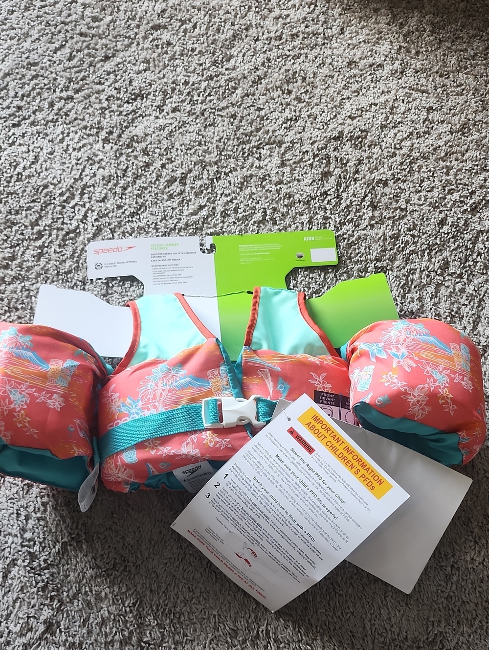 Speedo Kids' Coral and Teal Swim Float Vest with Tropical Print